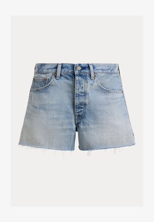 Ανοιχτό γαλάζιο τζιν σορτς με ξέφτια στα τελειώματα, κουμπί μπροστά, φερμουάρ, θηλιές για ζώνη και πεντάτσεπη σχεδίαση.