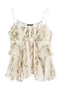 Wit en beige slangenprint camisole met ruffles, dunne verstelbare straps en een losse pasvorm. Zachte stof met een gestructureerde uitstraling.