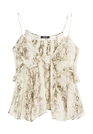 Camisola con stampa serpente bianca e beige, con design a balze, spalline sottili e regolabili, e una vestibilità ampia. Tessuto morbido con un aspetto testurizzato.