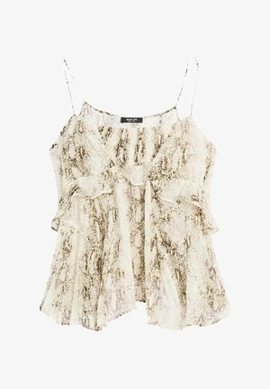 Hvid og beige slangeskindsprint camisole med rynket design, tynde justerbare stropper og en løs pasform. Blødt stof med en tekstureret overflade.