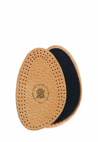 Cork insole, oval shape, brown perforated surface, contrasting dark blue underside, featuring a circular logo in the center.