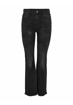 Svarta denim jeans med hög midja och utsvängda ben, med framfickor, dragkedja och en lätt blekning. Robust textur, klassisk femficksdesign.
