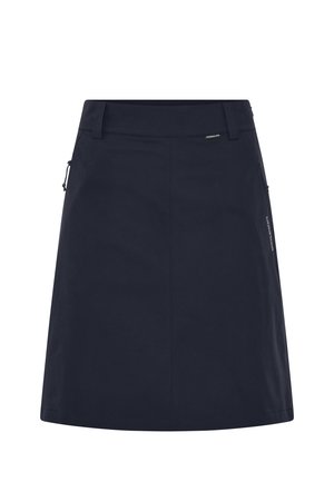 Laivastonsininen hame, joka on valmistettu kevyestä joustavasta kankaasta. Siinä on hienovarainen kiilto, vetoketjullinen sivutasku ja suora leikkaus siistillä viimeistelyllä.