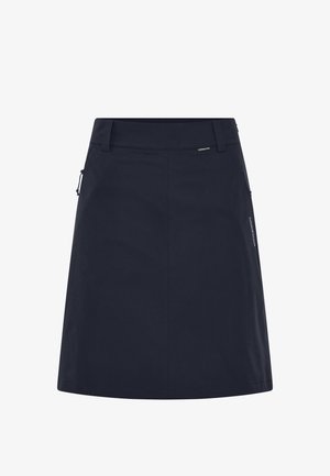 Laivastonsininen hame, joka on valmistettu kevyestä joustavasta kankaasta. Siinä on hienovarainen kiilto, vetoketjullinen sivutasku ja suora leikkaus siistillä viimeistelyllä.