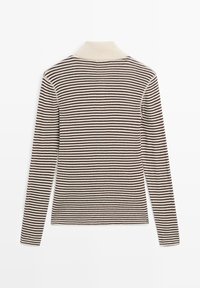Long-sleeve polo, beige with dark brown horizontal stripes, ribbed texture, featuring a light beige collar and a straight hem.
