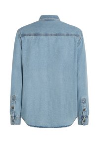 Light blue denim shirt, long sleeves, collared with buttoned cuffs, back detailing features a yoke seam and subtle texture.