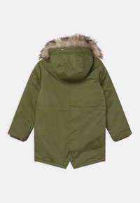 Zielona parka z futrzanym kapturem, materiał wodoodporny, długie rękawy oraz długość midi z lekkim tyłem.