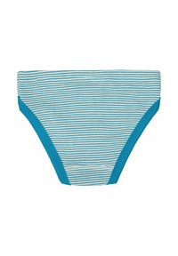 Gestreepte zwemshort in lichtblauw en wit, met een effen turquoise tailleband en beenopeningen met een soepele textuur.