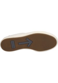 Schuhsohle mit einer strukturierten braunen Unterseite, weißem Rand und einem grauen Pfeilmuster; enthält ein Logo und eine Größenmarkierung.