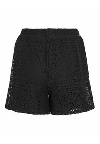 Czarne szorty z koronką z kwiatowymi wycięciami i teksturowanym materiałem. Elastyczny pas, luźny krój, długość do kolan.