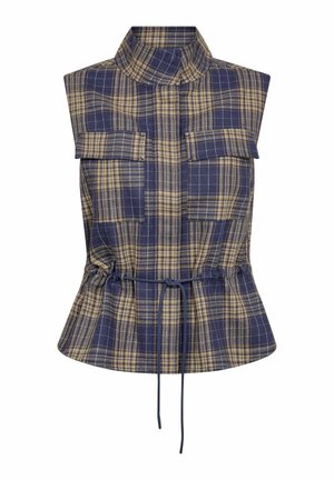 Īsroku tumši zils un bēša pleds veste ar augstu apkakli, divām krūšu kabatām ar atlokiem un regulējamu auklu jostasvietā.