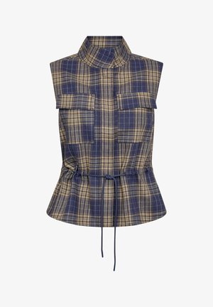 Námořnicky modrá a béžová kostkovaná vesta bez rukávů s vysokým límcem, dvěma klopovými kapsami na hrudi a nastavitelným stahovacím pasem.