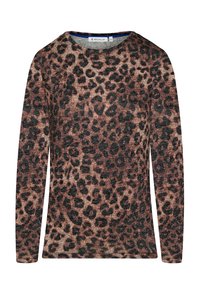 Langärmliger Pullover im Leo-Print, mit braunem Grund und schwarzen Flecken, runder Halslinie und weichem Material.