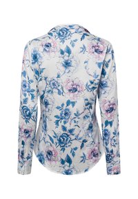 Lange mouwen blouse van lichtgewicht stof, versierd met een bloemenpatroon in blauw en roze op een witte achtergrond, met een kraag en knopenmanchetten.