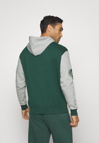 Sudadera con capucha de cuerpo verde y mangas gris claro. Presenta un logo en la manga izquierda y puños y dobladillo acanalados. Material suave.