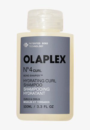 Fles Olaplex Nr. 4 Curl Hydrating Curl shampoo met grijs etiket, tekst in zwart en wit, maat 100 ml, voor krullen en spiralen.