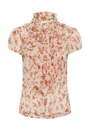 Blouse crème à manches courtes avec imprimé floral rouille, col montant volanté et détails de volants en cascade sur le devant.