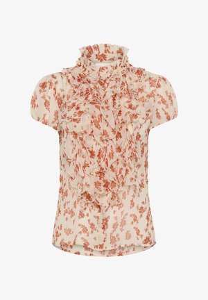 Lühikeste varrukatega kreemjas pluus roostepunase lillemustriga, kõrge volangikaelusega ja esiküljel langevate volangidega detailidega.