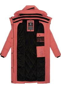 Roze gewatteerde parka jas, met een zwart geïsoleerd interieur, hoge kraag en meerdere zakken. Inclusief merklabel met verzorgingsinstructies.