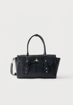 Black textured leather handbag with two handles, detachable shoulder strap, and silver orb-shaped logo on front flap.
