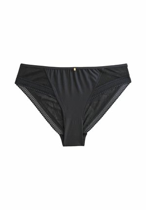 Zwarte damesondergoed met een gladde stof aan de voorkant, kantaccenten aan de zijkanten en een klein goudkleurig hardware-detail in het midden.