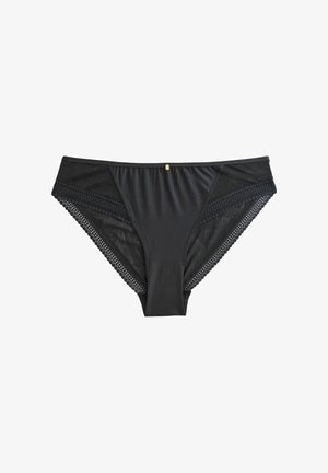 Sous-vêtements noirs pour femmes, présentant un devant en tissu lisse avec des accents en dentelle sur les côtés et un petit détail en métal doré au centre.
