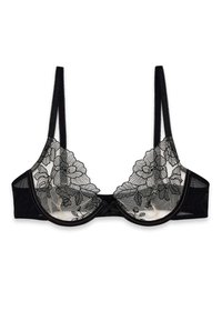 Sort blonde bh med blomsterbroderi, gennemsigtige skåle med bølgede kanter og justerbare stropper. Blød foring med en central sløjfedetalje.
