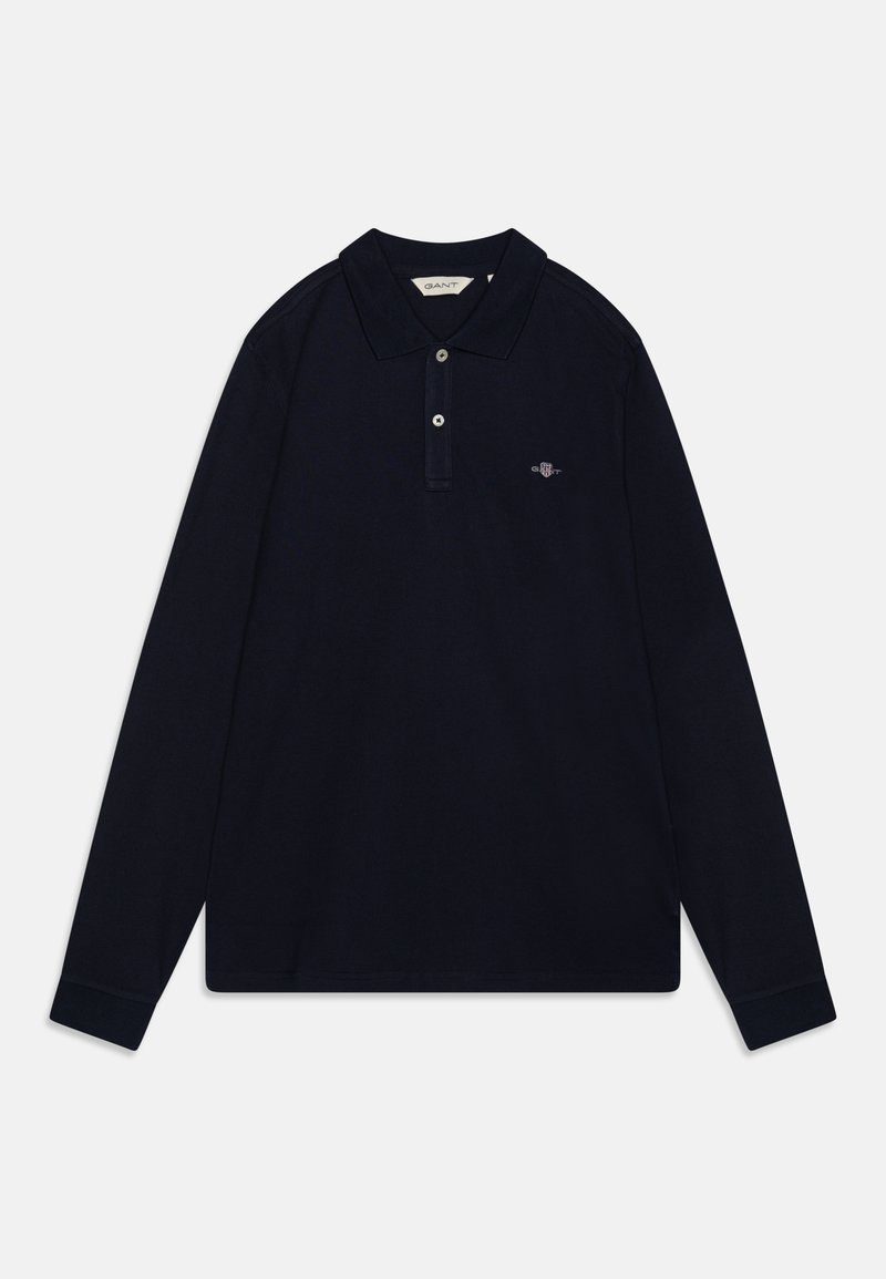 Polo de manga larga en color marino, hecho de algodón, con cuello tipo polo, tapeta de tres botones y un pequeño logotipo bordado en el pecho.