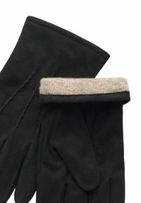 Mustat käsineet, jotka on valmistettu pehmeästä materiaalista, ja joissa on beige villakaulus. Ominaisuuksiin kuuluu vaakasuora ompelu ja tiukka istuvuus. Yksinkertainen muotoilu ilman lisäkuvioita.
