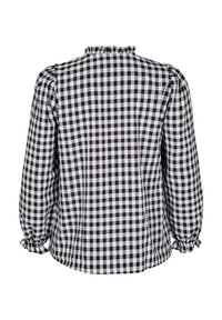Black and white checkered blouse with a ruffled neckline and gathered puff sleeves, featuring a loose fit and curved hem.