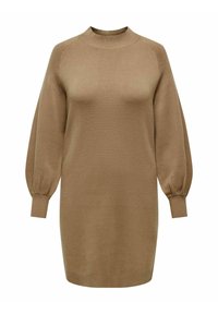 Gebreide sweaterjurk in een warme beige tint, met een hoge halslijn, lange pofmouwen en ribgebreide manchetten en zoom voor textuur.