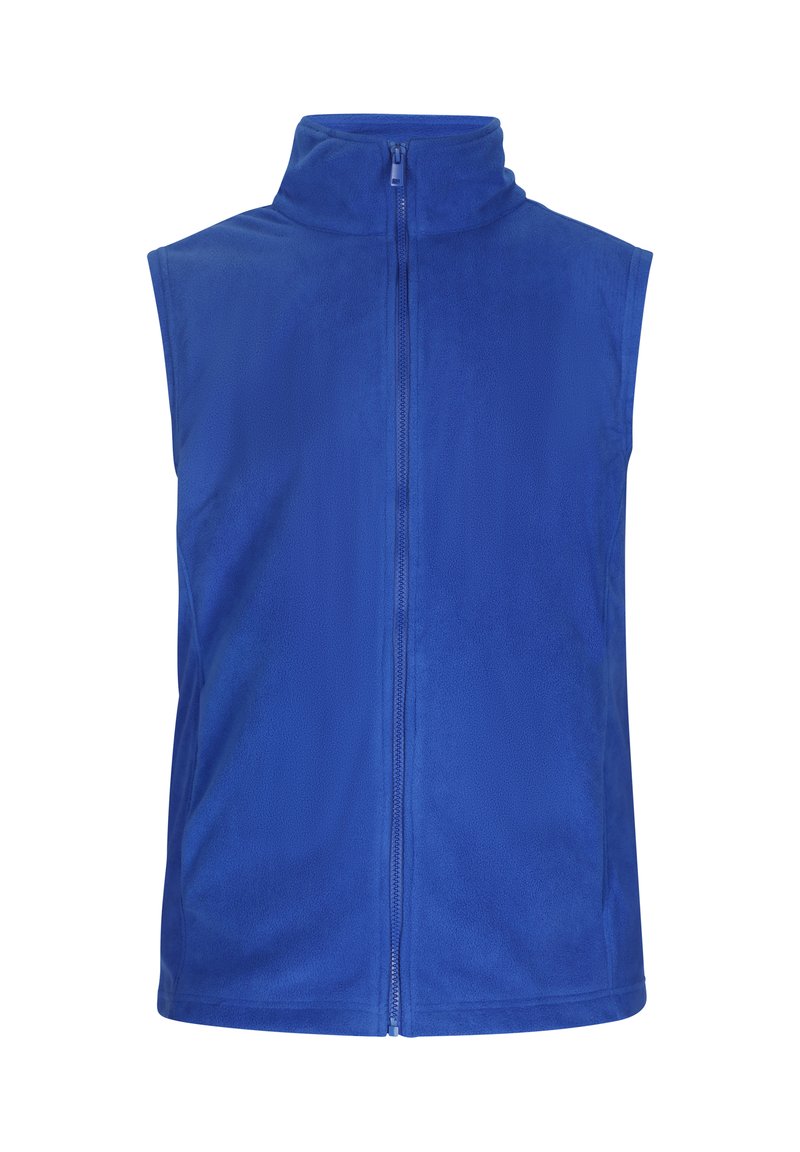 Gilet in pile blu senza maniche con colletto alto e zip completa. Tessuto liscio senza tasche o caratteristiche aggiuntive. Design semplice e di colore uniforme.