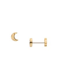 Pendientes de stud en tono dorado con un diseño de media luna y un poste recto con acentos decorativos en el extremo. Textura metálica suave.