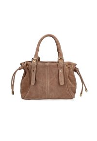Borsa in suede marrone con due manici corti, dettagli in hardware dorato e fiocchi laterali regolabili. Presenta una forma strutturata e una superficie liscia.
