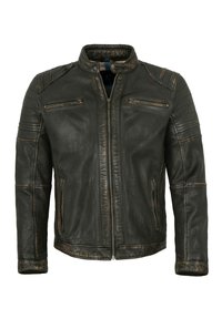 Schwarze Lederjacke mit enganliegendem Design, Stehkragen, Reißverschluss-Taschen, gestreiften Akzenten auf den Schultern und glatter Textur.