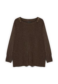 Brauner, glitzernder Pullover mit rundem Ausschnitt, langen Ärmeln und zwei goldenen Knopfverzierungen auf den Schultern. Weiche Textur.