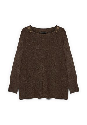Brauner, glitzernder Pullover mit rundem Ausschnitt, langen Ärmeln und zwei goldenen Knopfverzierungen auf den Schultern. Weiche Textur.