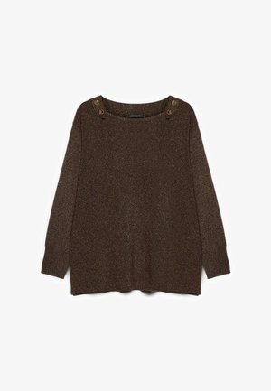 Brauner, glitzernder Pullover mit rundem Ausschnitt, langen Ärmeln und zwei goldenen Knopfverzierungen auf den Schultern. Weiche Textur.