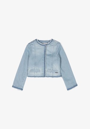 Giacca cropped in denim blu chiaro con maniche lunghe, orlo sfrangiato e due tasche frontali. Presenta un colletto rotondo e dettagli di cucitura minimal.