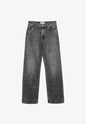 Grå denimjeans med rette ben, femlommedesign og subtile falmninger. Stoffets tekstur fremstår slitesterk og myk.