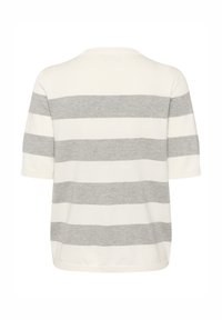 Lightweight knit short-sleeve top with horizontal gray and white stripes. Crew neckline and a relaxed fit. Soft texture and casual design.
