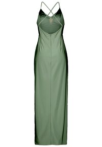 Sukienka maxi bez rękawów w oliwkowym kolorze, z głębokim dekoltem w kształcie litery V i przezroczystą panelą z tyłu; ma krzyżujące się ramiączka spaghetti oraz zamek błyskawiczny z boku.