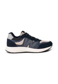 Navy blue athletic shoe featuring a combination of suede and mesh materials, textured accents, and a white sole with a speckled design.