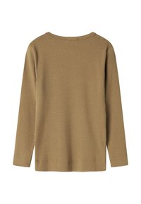 Geribbelde langemouwen top in aardse tan kleur. Heeft een ronde hals en een rechte zoom. Zachte textuur, minimalistisch ontwerp, geen versieringen.