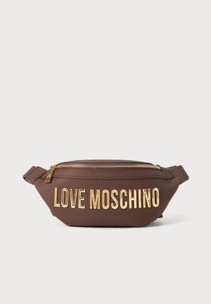 Brown waist bag with gold zipper and large gold "LOVE MOSCHINO" lettering on front against white background.
