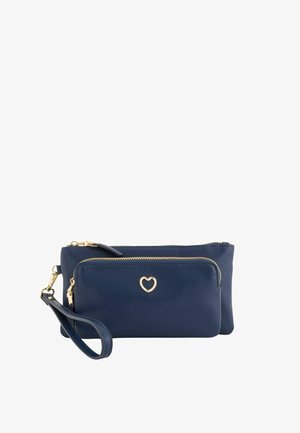 Navy blue wristlet pouch set with gold zippers and heart-shaped metal detail on the smaller pouch, isolated on white background.