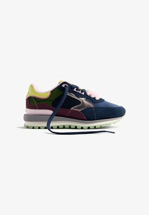 Sneaker with a mix of navy, green, pink, and burgundy suede and mesh, metallic accents, textured outsole, and contrasting laces.