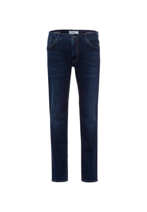 Donkerblauwe denim jeans met een slim fit, met voorzakken, decoratieve stiksels en een gladde textuur. Klassiek ontwerp met vijf zakken.