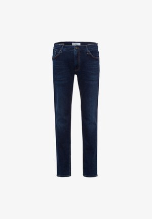 Dunkelblaue Denim-Jeans im Slim-Fit-Schnitt, mit Fronttaschen, dekorativen Steppnähten und einer glatten Textur. Klassisches Fünf-Taschen-Design.