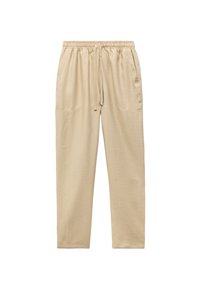 Pantalones ligeros beige con cinturilla elástica, cordón ajustable y dos bolsillos laterales. Textura suave y corte relajado.